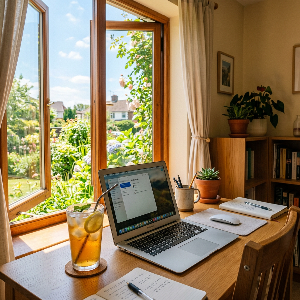 Home office desk with laptop, iced tea, notebooks, and plants by an open window